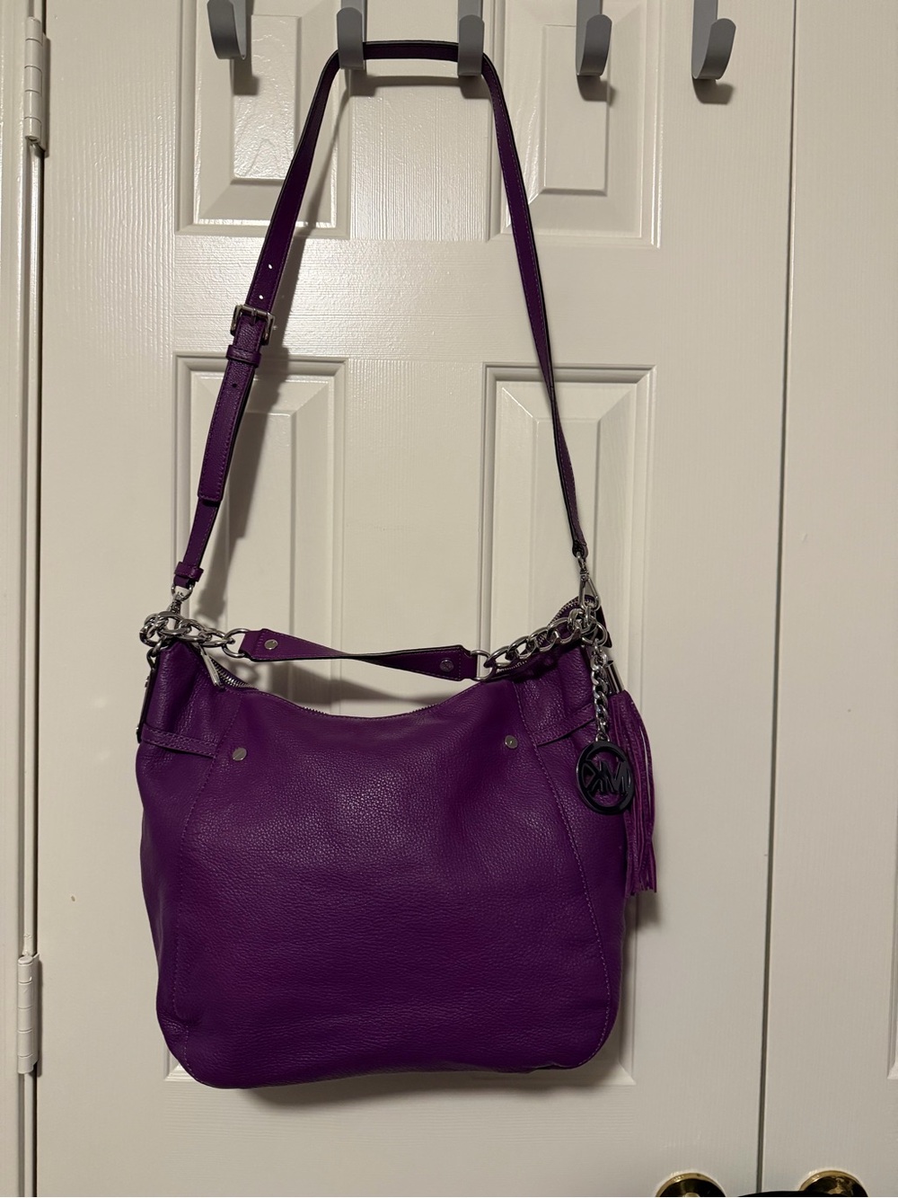 Michael Kors Purple Leather Hobo Shoulder Bag with Silver Hardware